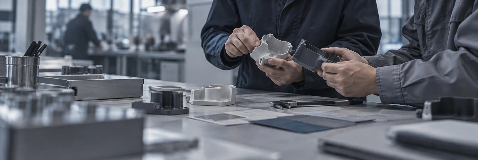 Manufacturing specialists reviewing component samples