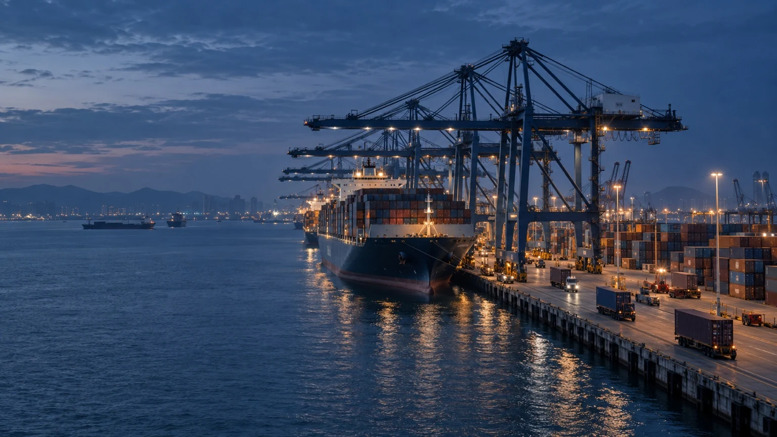 Container vessel alongside a port terminal at dusk