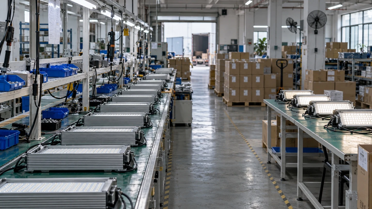Production line with finished lighting units under inspection